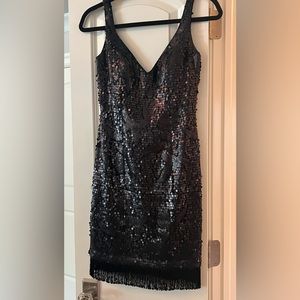 Aidan Mattox Black Sequin Dress Cocktail 20’s Flapper Halloween Great Gatsby